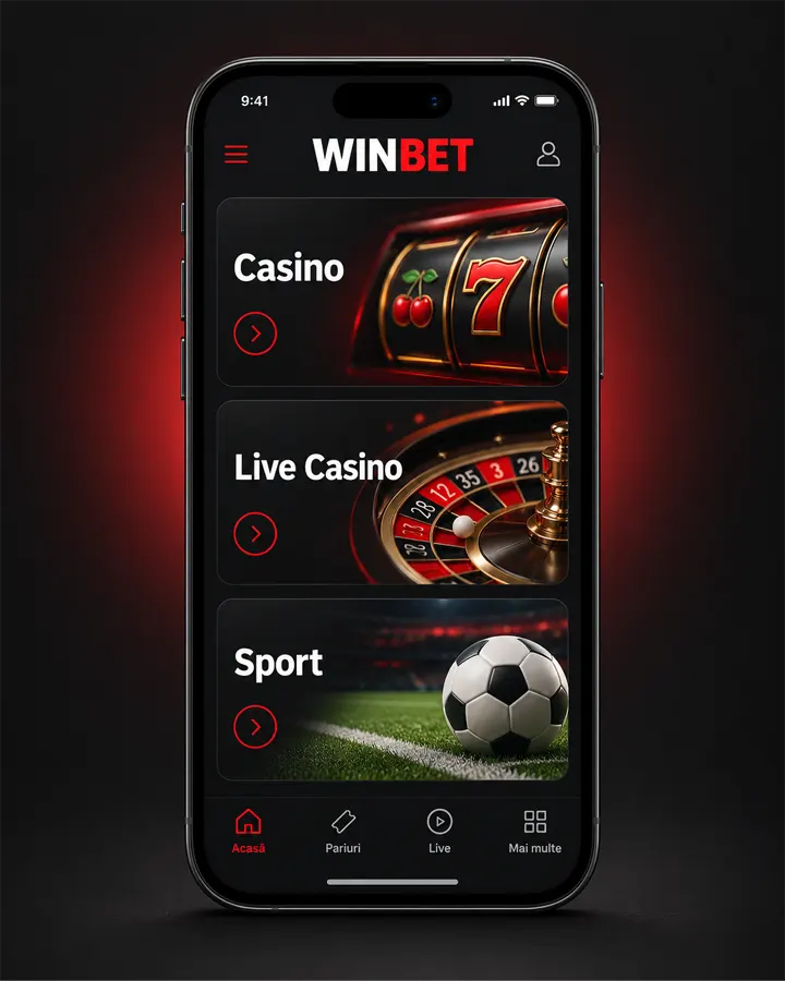 Aplicația Winbet deschisă pe un smartphone, cu secțiunile Casino, Live Casino și Sport
