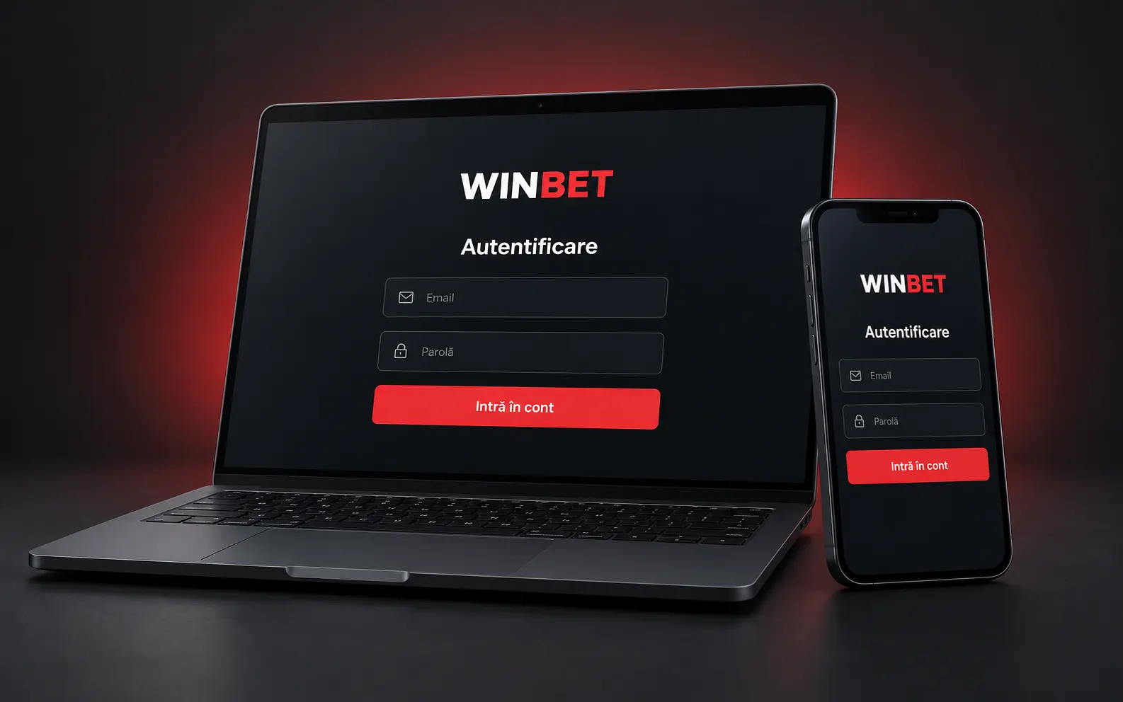 Pagina de autentificare Winbet deschisă pe laptop și pe telefon