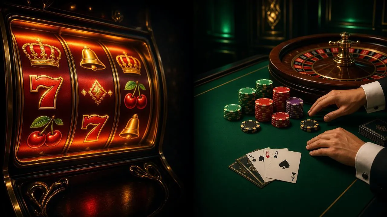 Role de slot cu fructe și coroane alături de o masă de ruletă live cu jetoane și cărți de joc